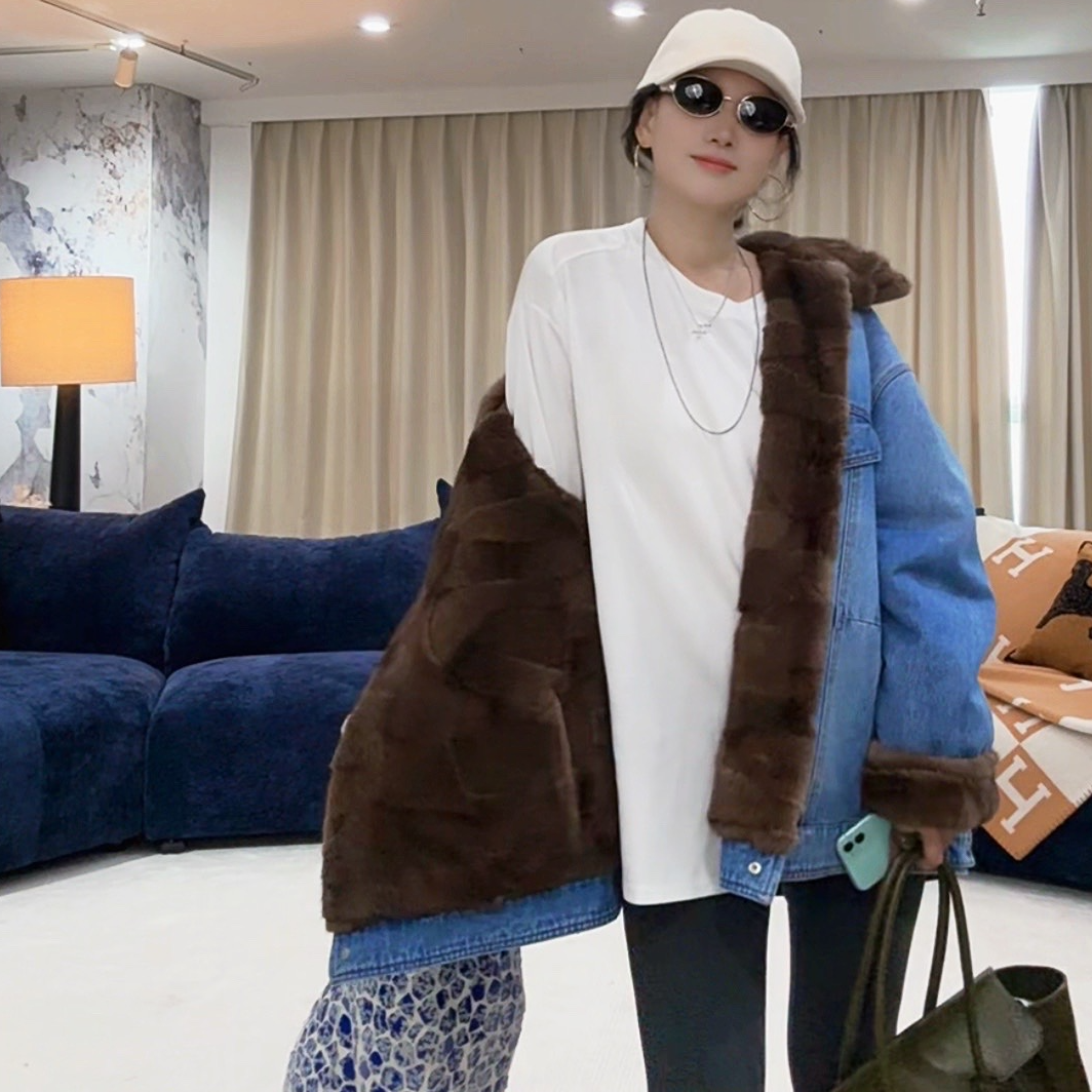 诺谰 真毛水貂毛牛仔两面穿皮草外套男女同款短绒翻领休闲款25019