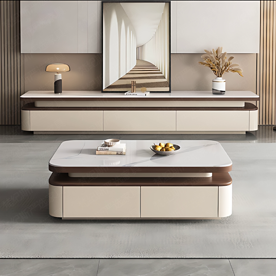 新款胡桃色微晶石茶几电视柜简约现代高端原木奶油风客厅岩板茶几