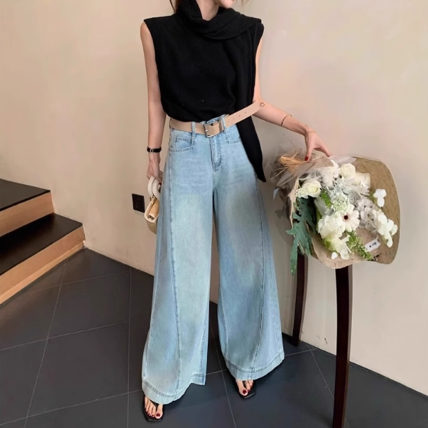 爆款米白色休闲直筒牛仔裤女春款高腰宽松显瘦垂感拖地裤