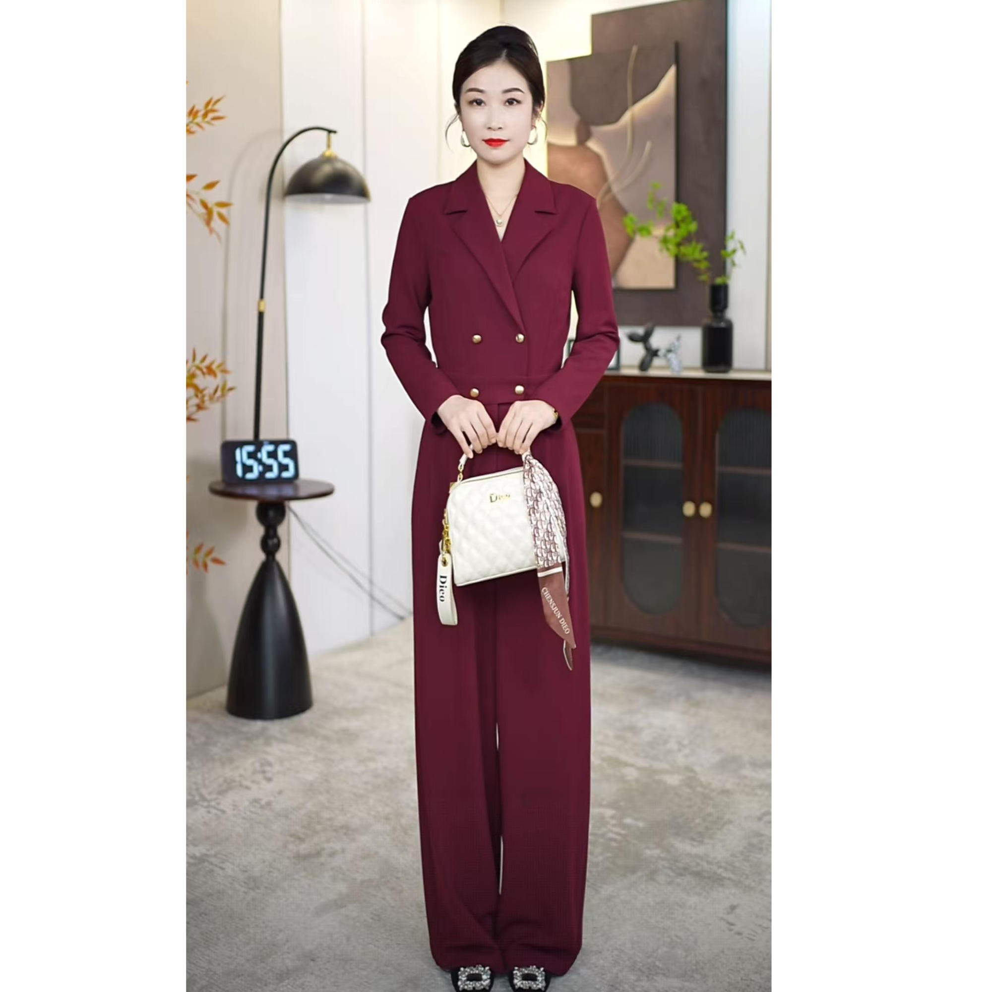 前脱连体裤长裤厚款拼接通勤风高腰直筒裤原创设计