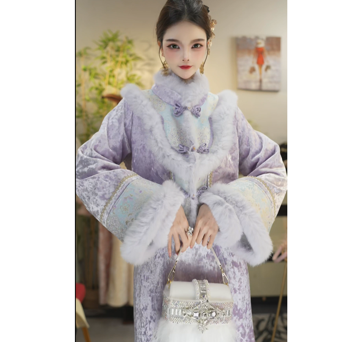 花享悦2025冬季新款复古紫色加绒加厚显瘦保暖女装套装（5581+5591