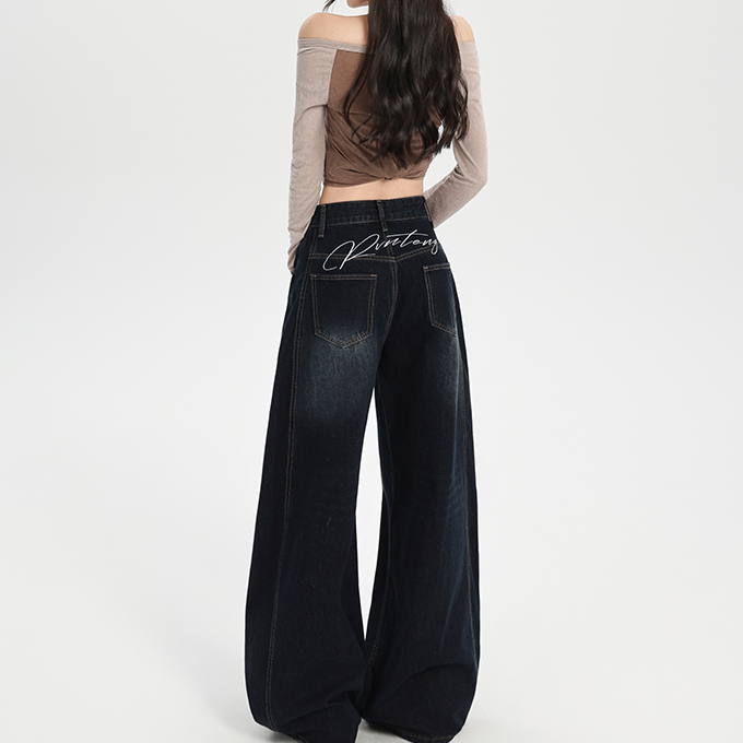 加厚刺绣款小个子显瘦美式复古弯刀阔腿牛仔裤女新款高腰宽松拖地