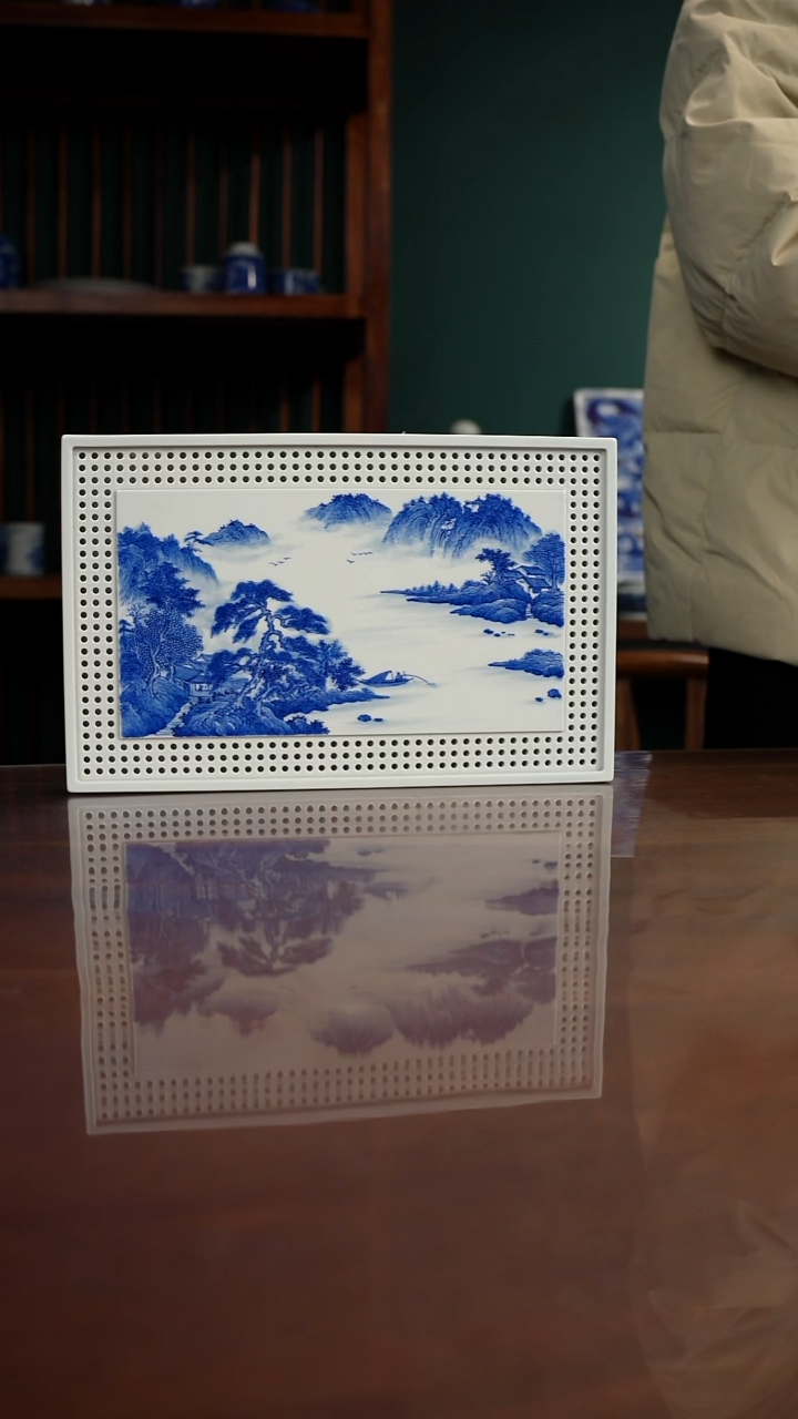 柴窑青花山水茶盘