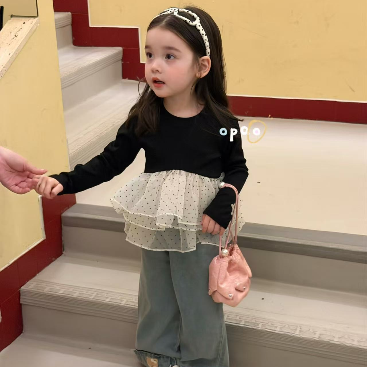 Opao·26春～黑色上衣波点纱纱下摆可爱小熊牛仔裤7108 7106（汉服）