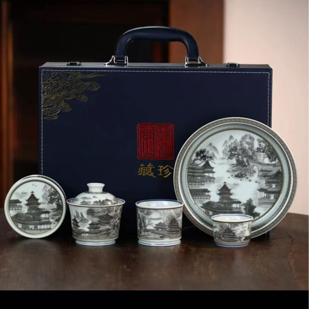 景德镇墨彩楼阁大明宫系列山水茶具茶杯家用套装五件套礼盒装陶瓷