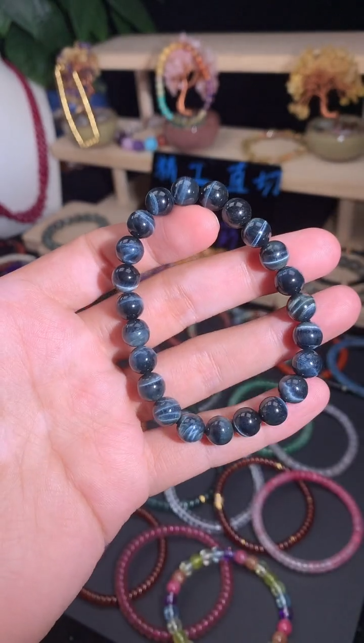 天然辰砂天然蓝虎眼圆珠手串10m