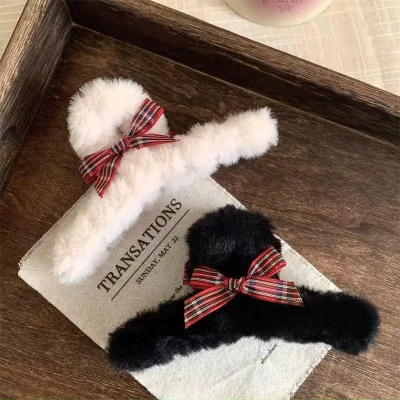 法式蝴蝶结圣诞新年格纹抓夹ins秋冬黑色毛绒气质鲨鱼夹发夹头饰