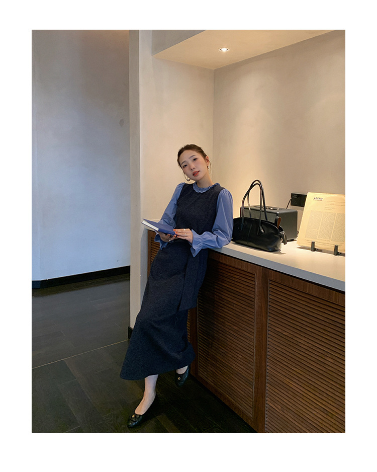 NEWOPEN25冬韩系温柔气质收腰长袖针织拼接连衣裙女W7513