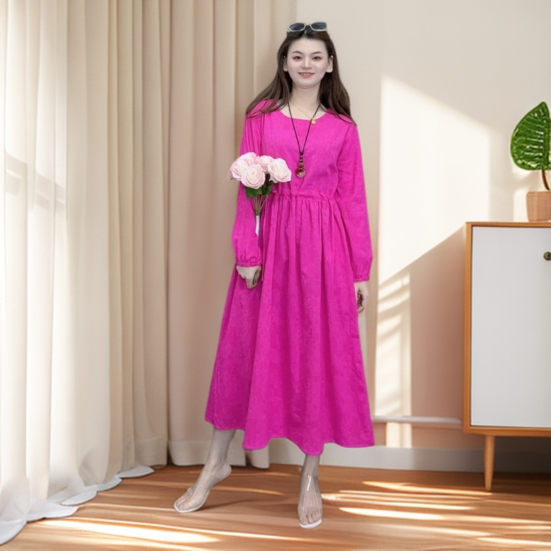 九儿秋款长袖上新圆领提画棉文艺复古宽松舒适抽绳显瘦连衣裙9129