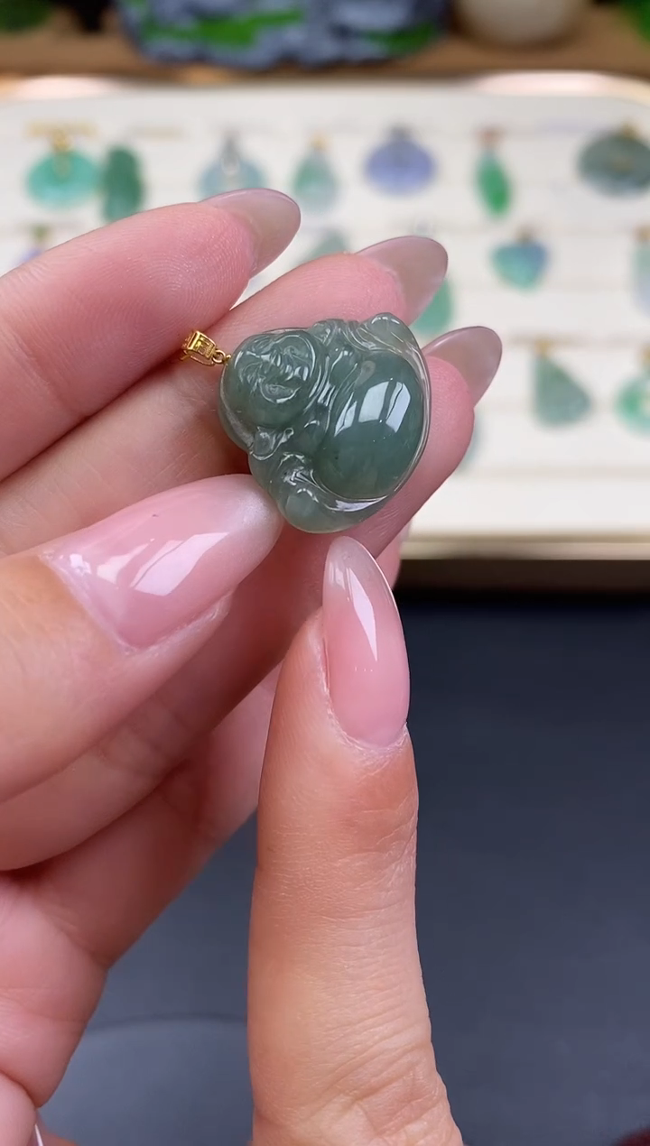 吊坠(不含链)18K金镶嵌翡翠佛公18K金扣镶嵌@@CMT