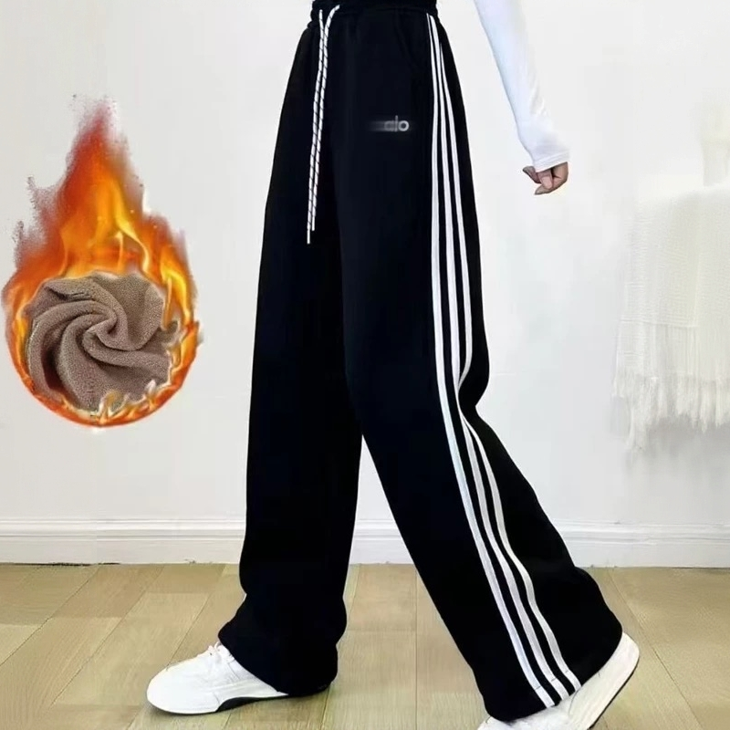 加绒卫裤秋冬新款女刺绣撞色侧边条两穿直筒束口加厚休闲裤2538