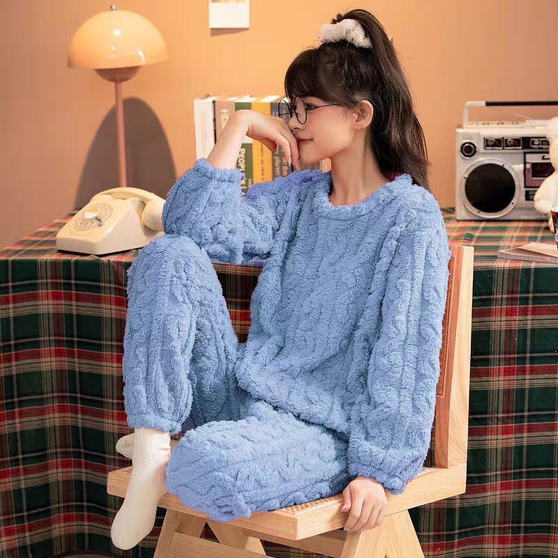 睡衣秋冬季开衫甜美加厚保暖珊瑚绒家居服蓝色圆领套头