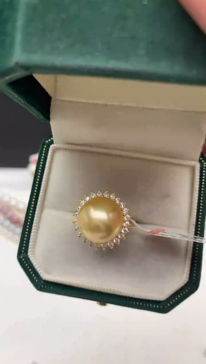 银S925镶嵌ff海水珍珠金珠戒指13~14mm