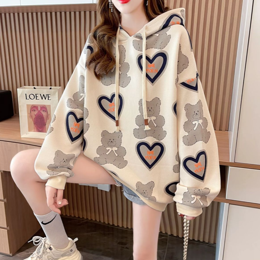 女印花连帽套头韩版长袖春季显瘦遮臀卫衣中长款FF3362