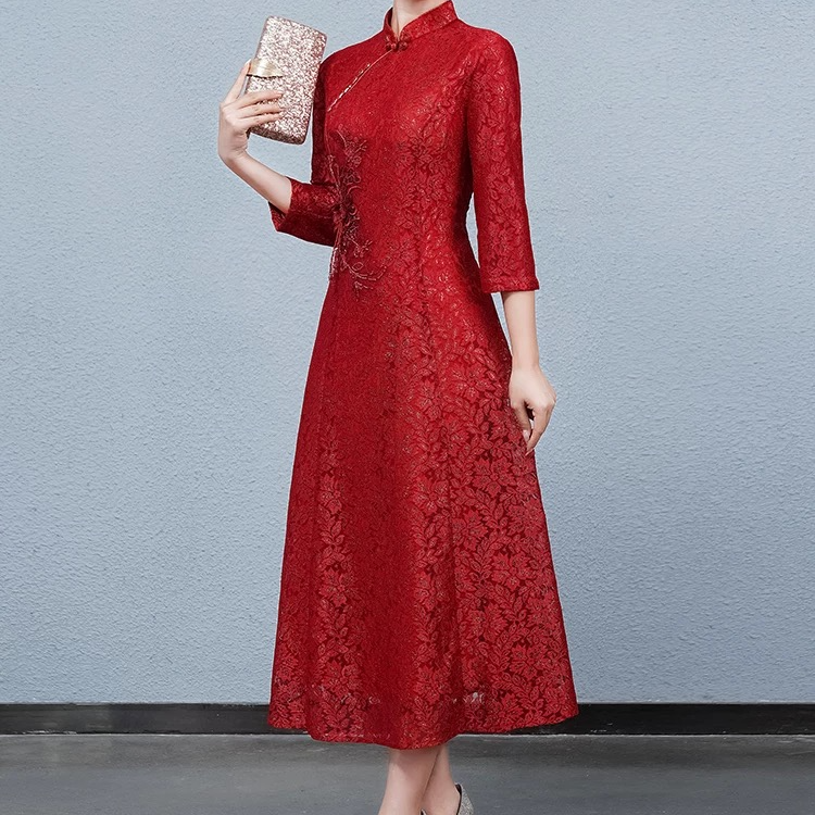 改良旗袍新中式连衣裙新款春秋结婚妈妈婚宴装喜婆婆修身礼服