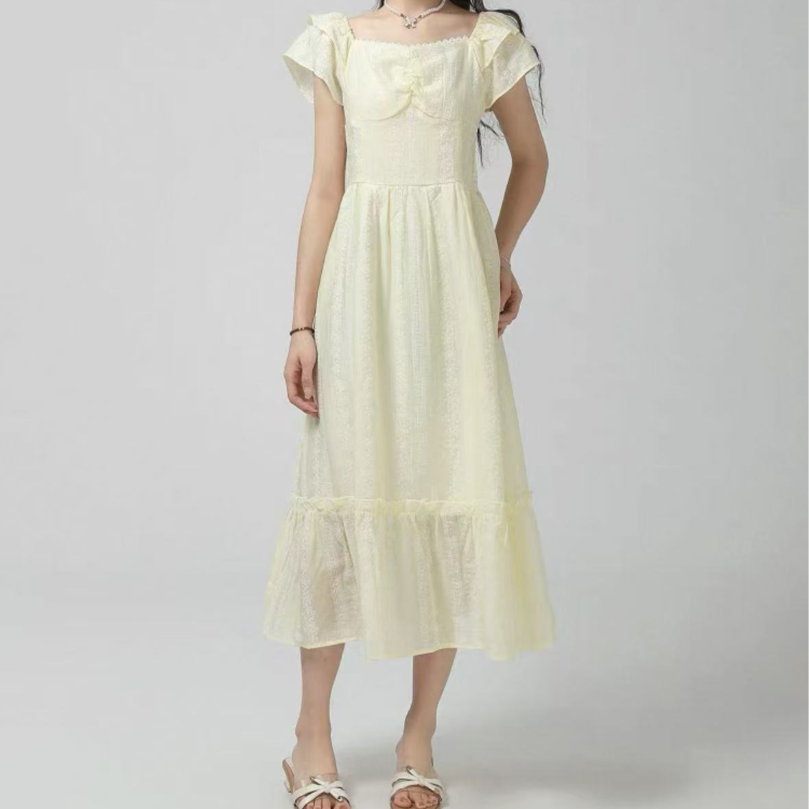 Q677浅黄拼刺绣气质网纱连衣裙2567