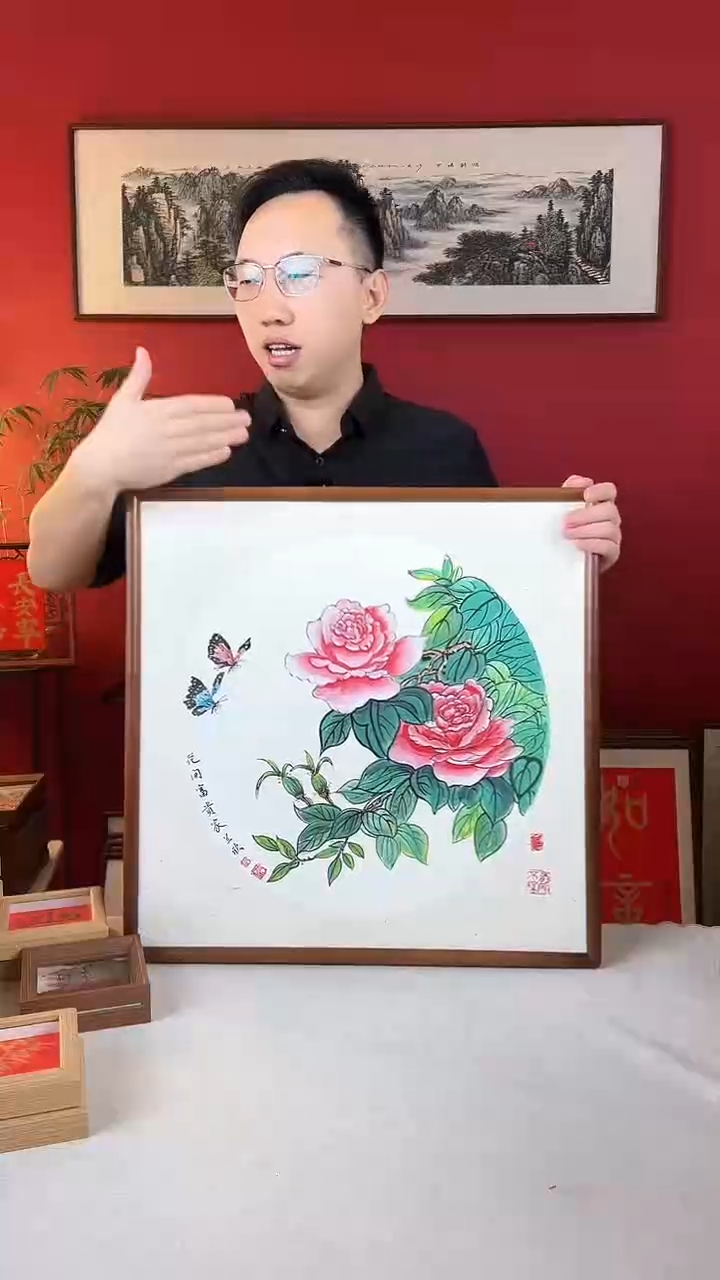 【闪购商品】国画花开富贵纯手绘国画53*53实木画框