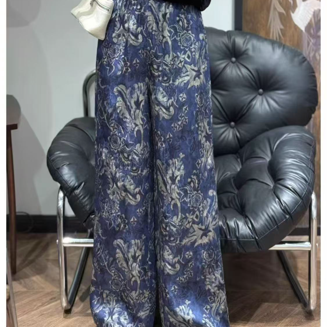 866高端轻奢宽松青花瓷新中式复古风高腰阔腿裤有口袋国风休闲裤