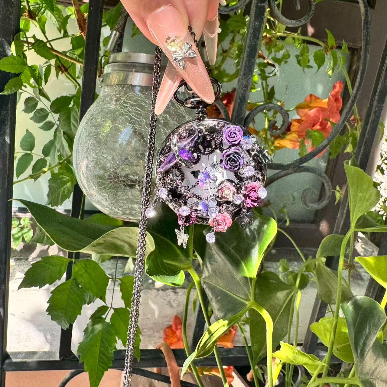 合金树脂项链 原创复古怀表项链宫廷小众项链毛衣链重工设计怀表