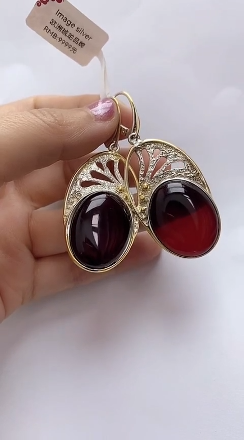 【闪购商品】琥珀裸石银S925镶嵌血珀耳坠