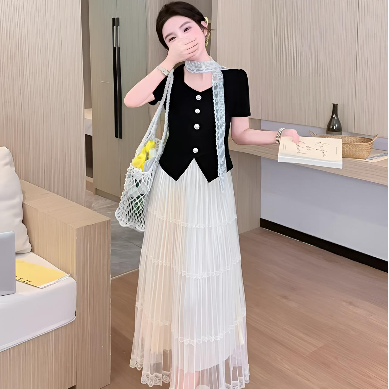 2685【衣长52裙长82】气质优雅短袖上衣网纱半身裙蕾丝巾套装裙女