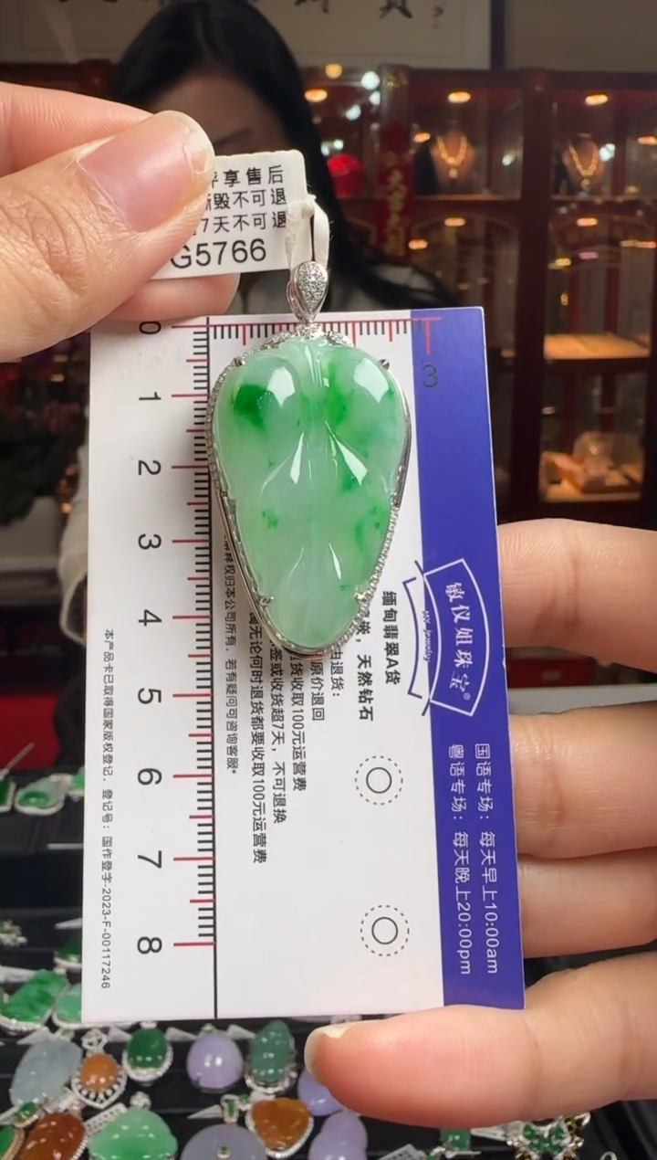 【闪购商品】翡翠颈饰18K金镶嵌G5766冰飘辣绿叶子