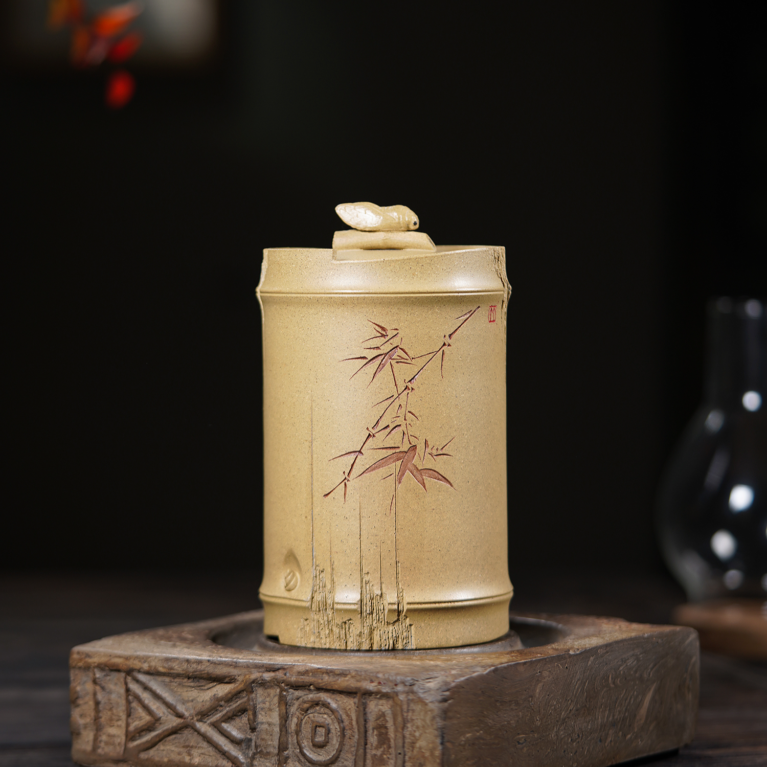 宜兴紫砂 | 原矿全手工 竹刻绘  一鸣惊人仿生茶叶罐  储茶罐