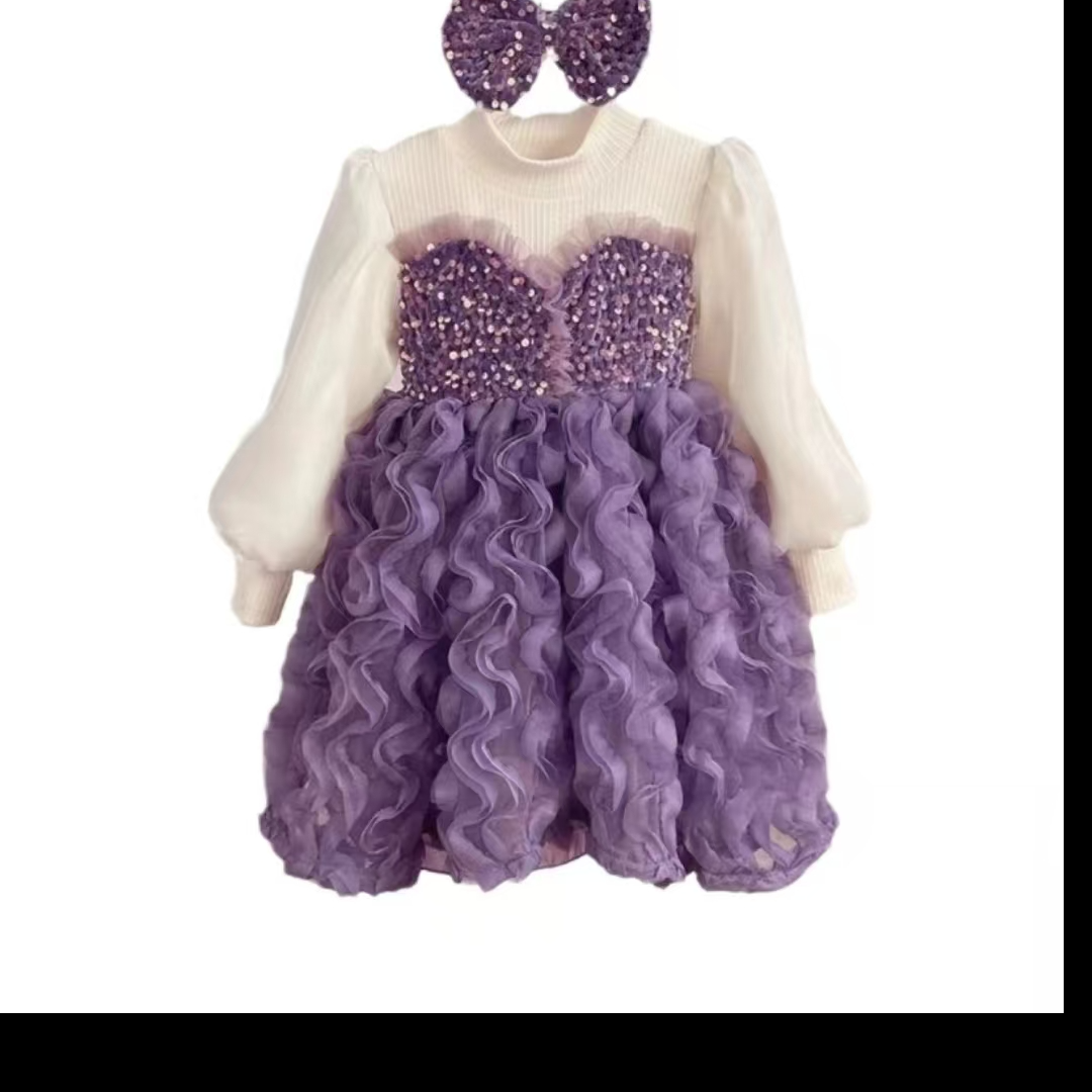 听号下单《蓬蓬裙冬季长袖连衣裙秋冬女童加厚公主裙加绒秋季紫色》