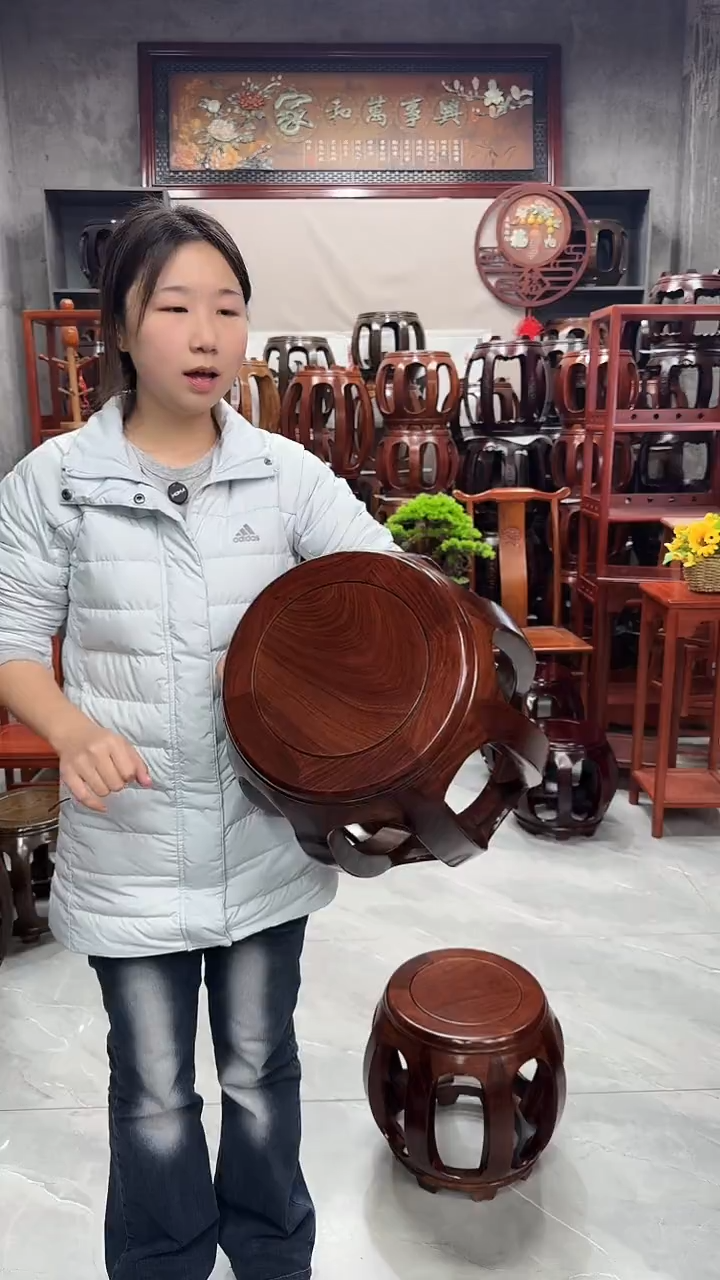 花梨木类家具胡桃色大号鼓凳2对（4条）  