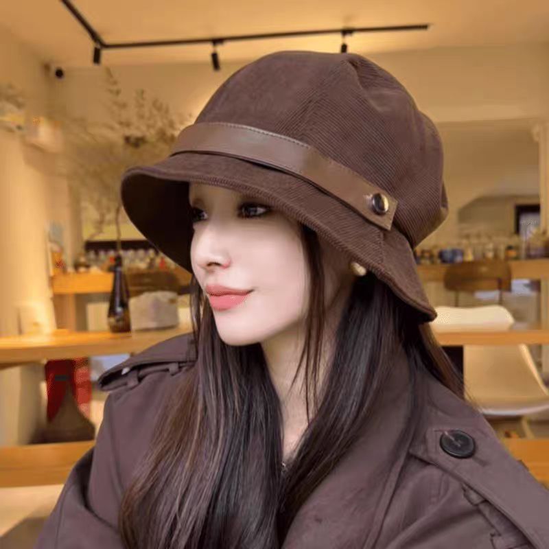 灯芯绒渔夫帽女2025新款气质一帽多戴可做小礼帽高性价比骑车可戴