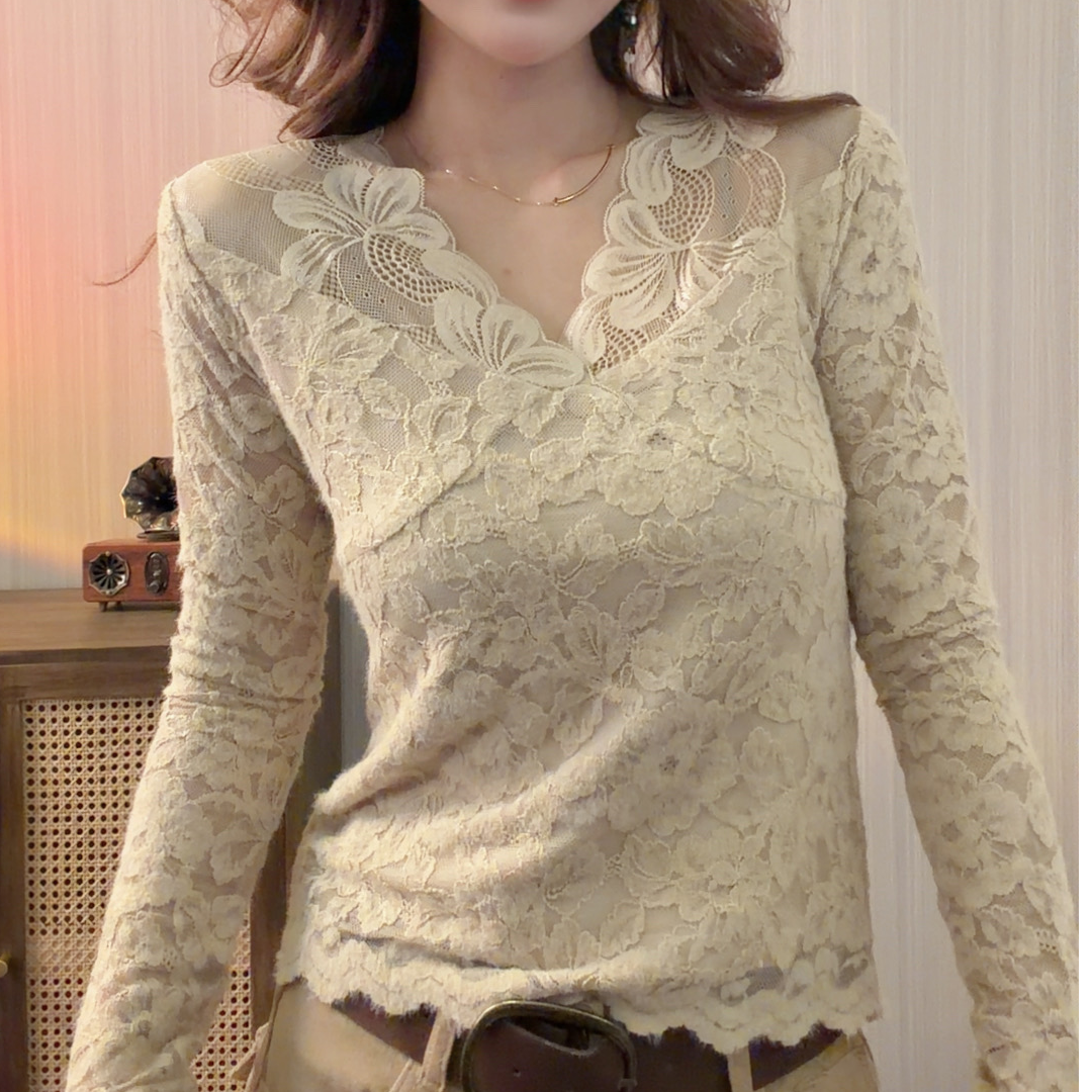 2025新款秋冬蕾丝V领加绒设计感纯欲风打底衫T恤上衣女8032