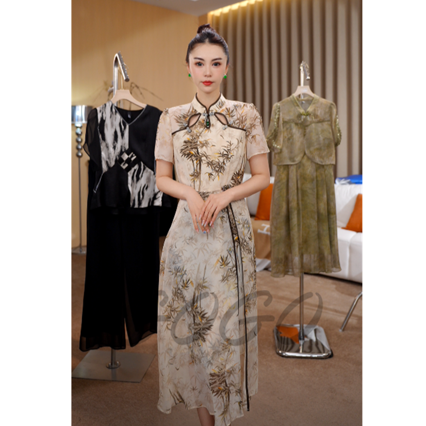 G6338改良旗袍连衣裙女夏高端精致气质修身新中式国风开叉裙子