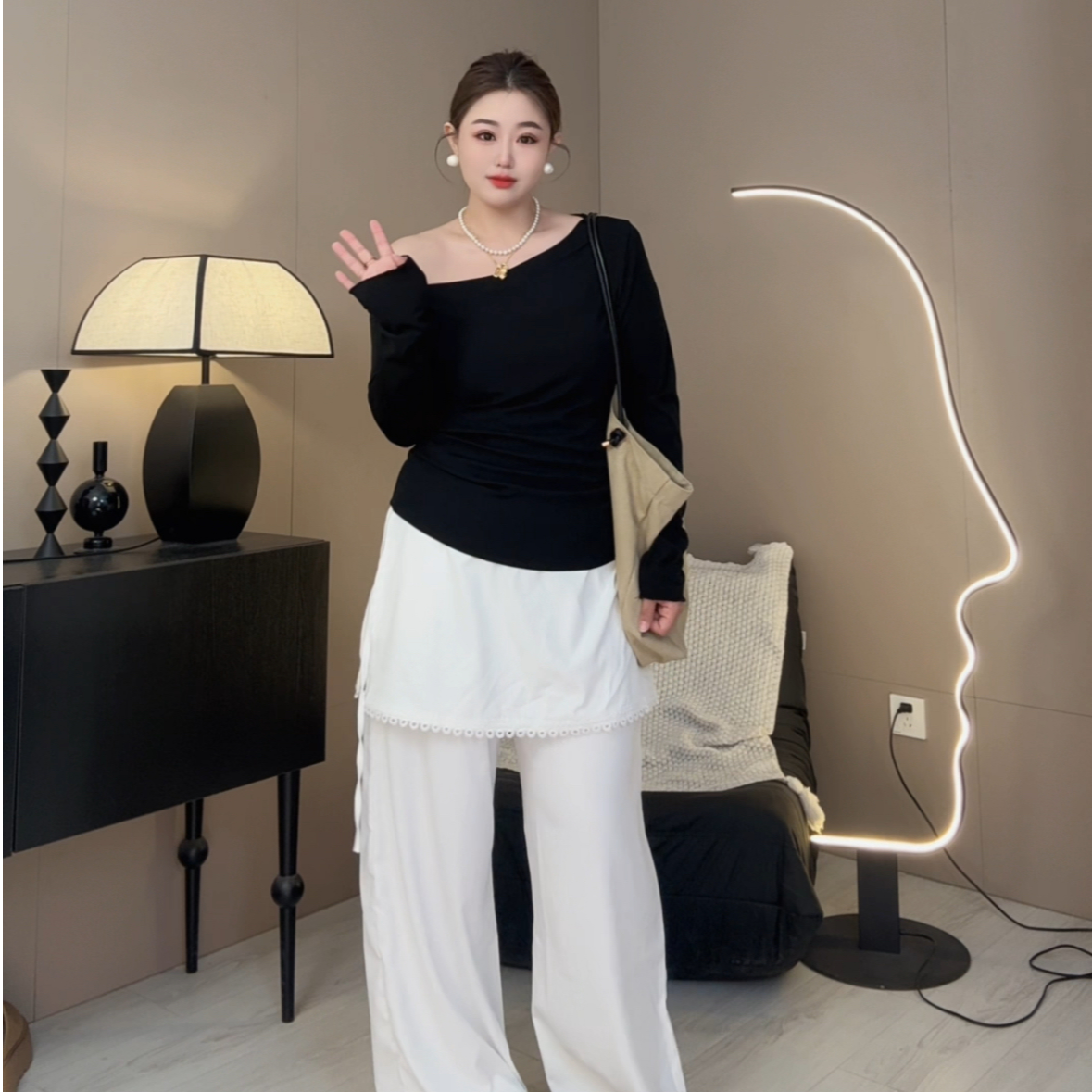 设计感假两件蕾丝拼接休闲裤2025春季新款高腰宽松阔腿拖地长裤女