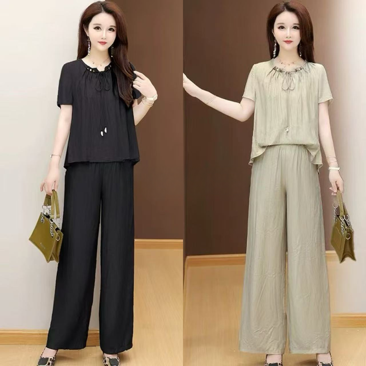 【锦衣服饰】FS 5258高档洋气纯色短袖两件薄款套装