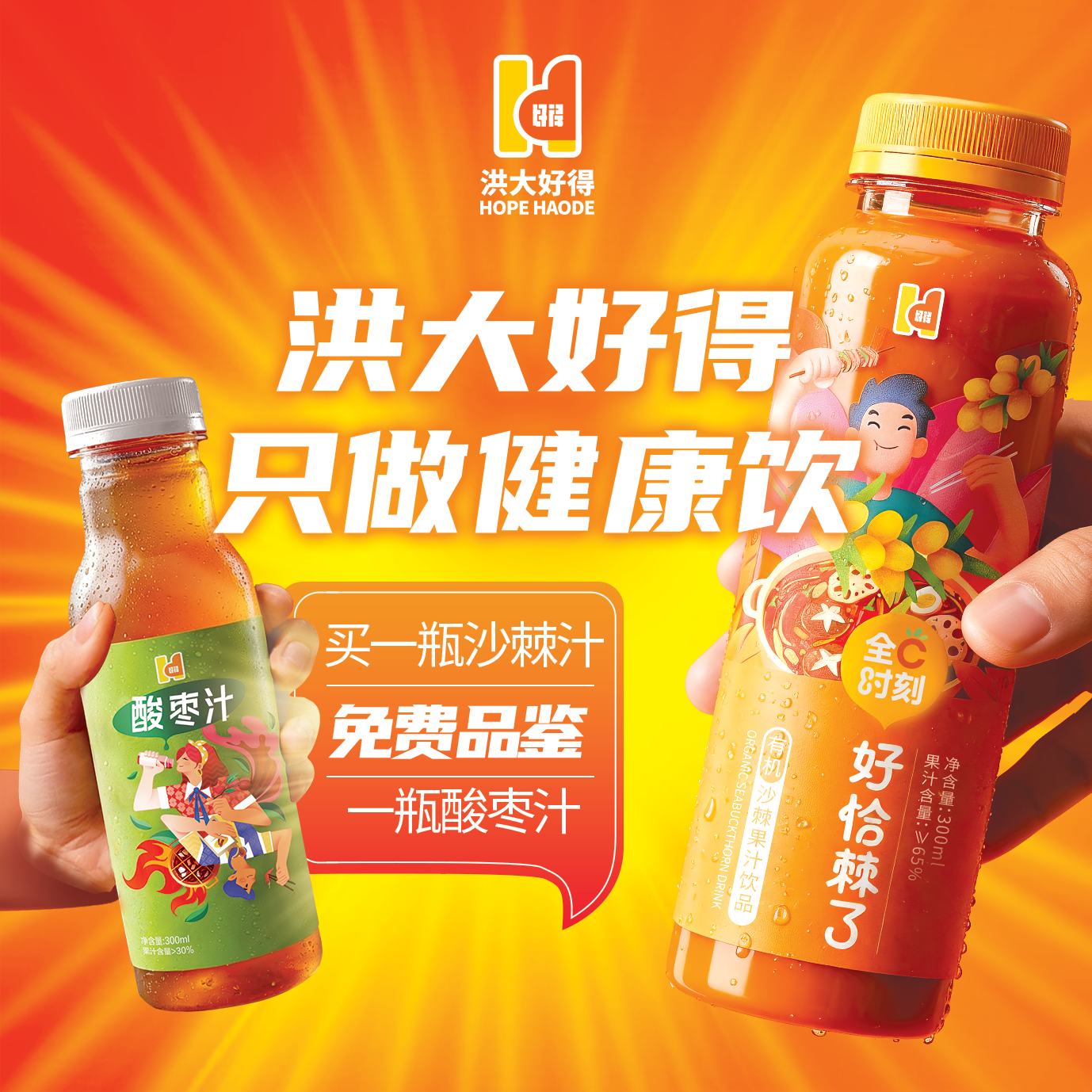 【洪大好得】 沙棘汁果汁饮料饮品300m【送1瓶酸枣尝鲜】随享健康饮