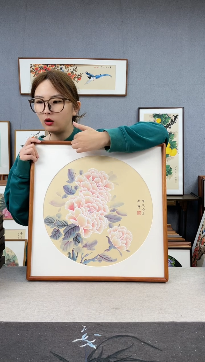 【闪购商品】国画李坤-手绘带框作品-53*53-牡丹