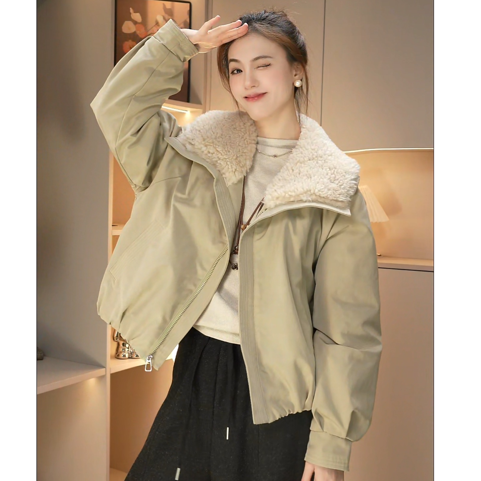 欧货仿羊羔毛翻领短款工装加绒加厚派克服外套女2025冬小个子夹克