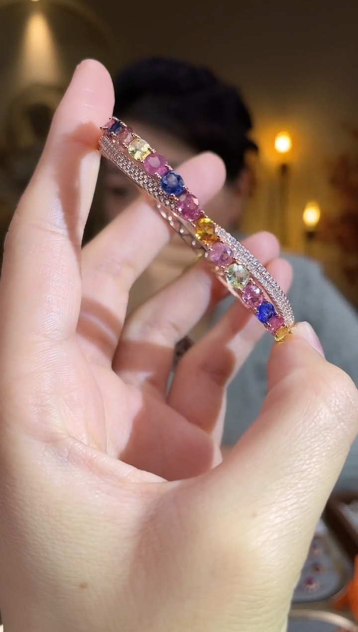 手镯彩色蓝宝石银S925镶嵌手镯