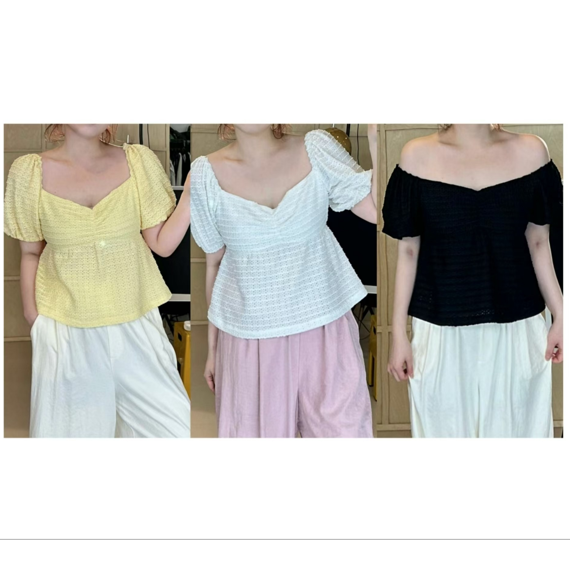 晶咕【半夏微醺】韩式甜美大方领纯色泡泡袖短袖T恤上衣