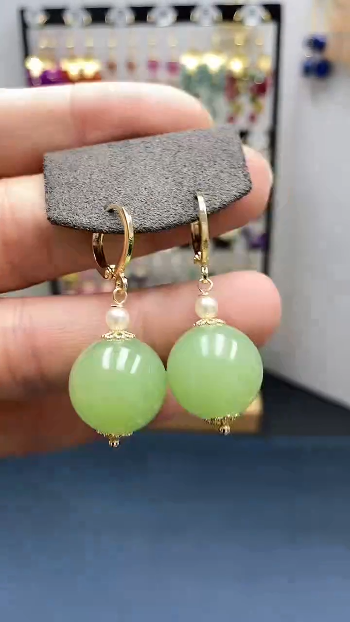 【闪购商品】和田玉耳饰银S925镀金镶嵌尺寸16mm耳扣33