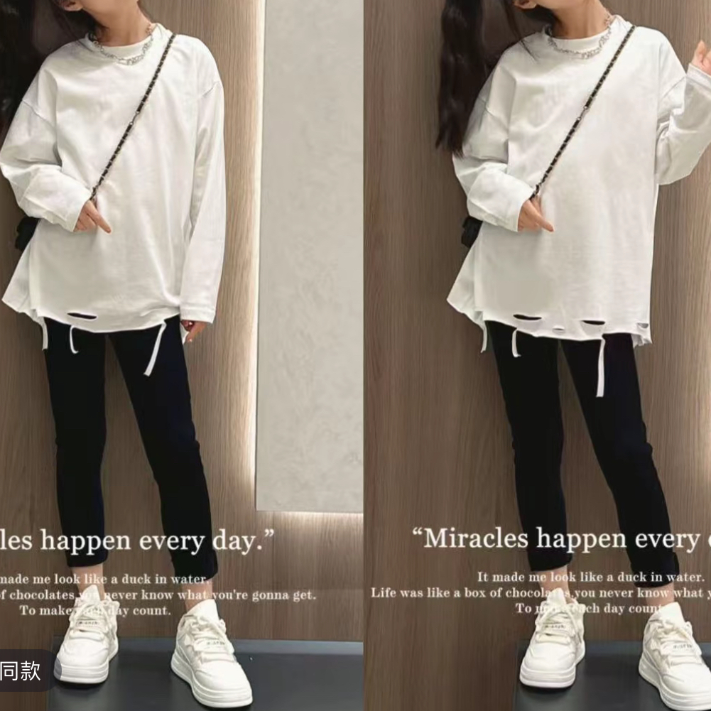 【秋上新】女童休闲风破洞宽松长袖打底衫