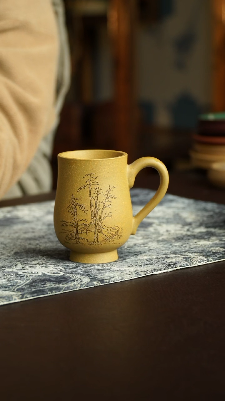 茶杯紫砂20号 黄金段山水把杯 宜兴紫砂原矿作品