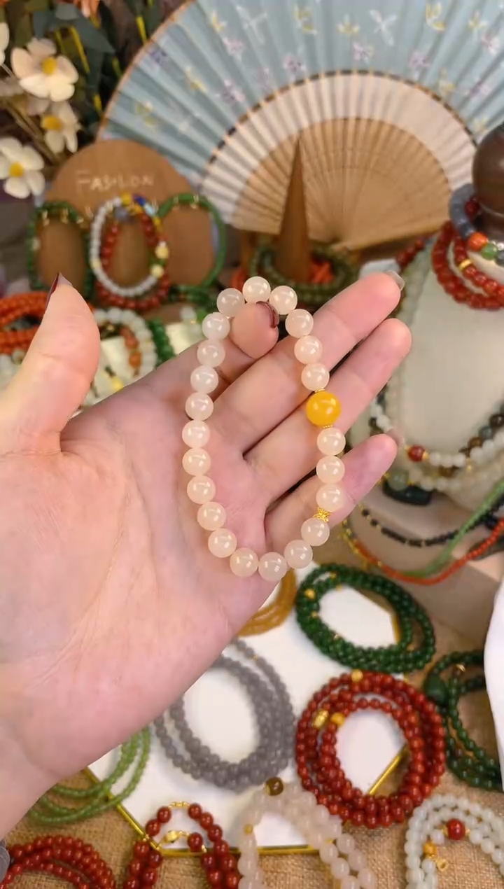 【闪购商品】和田玉手串18K金镶嵌藕粉