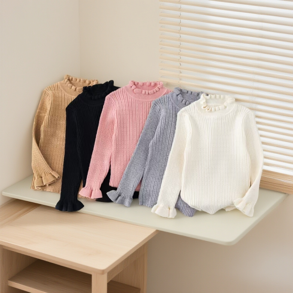 女宝休闲风毛衣儿童上衣针织衫套头女半高领木耳边长袖常规款套装