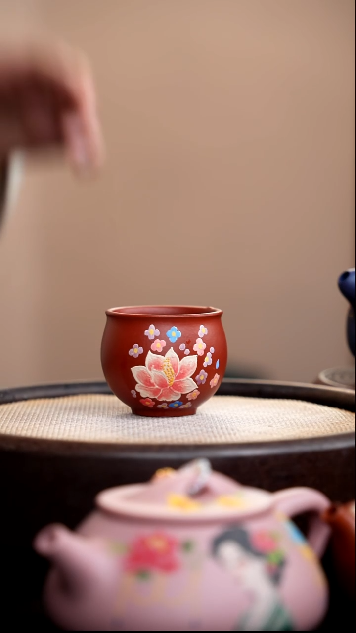 茶壶紫砂朱泥小圆杯粉花