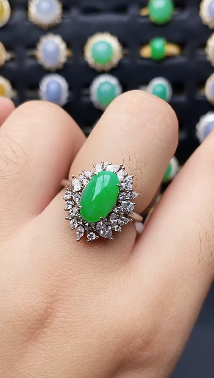 银S925镶嵌戒指翡翠7164链接天然缅甸翡翠A货