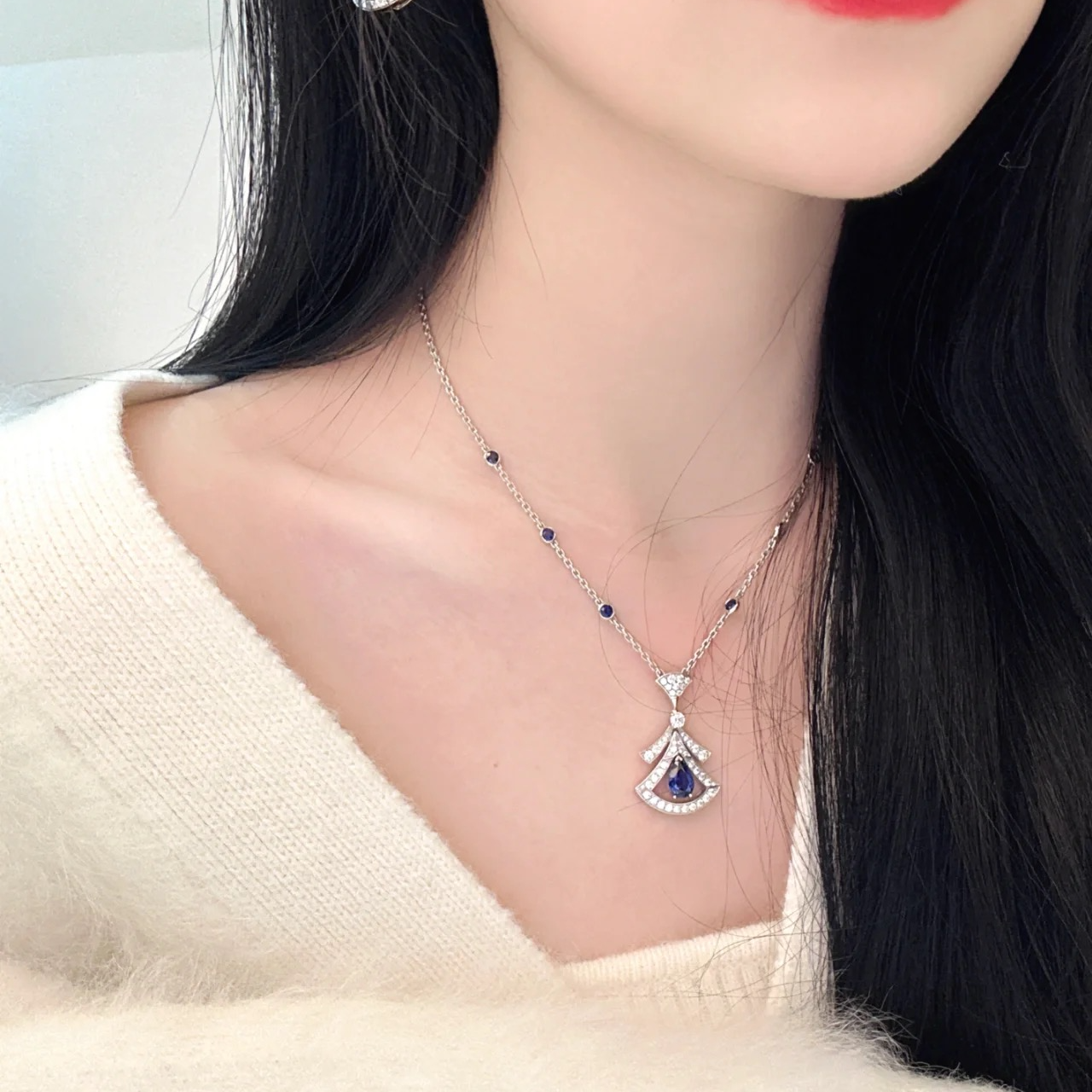 1968项链750黄金18K玫瑰金蓝宝石毛衣锁骨链