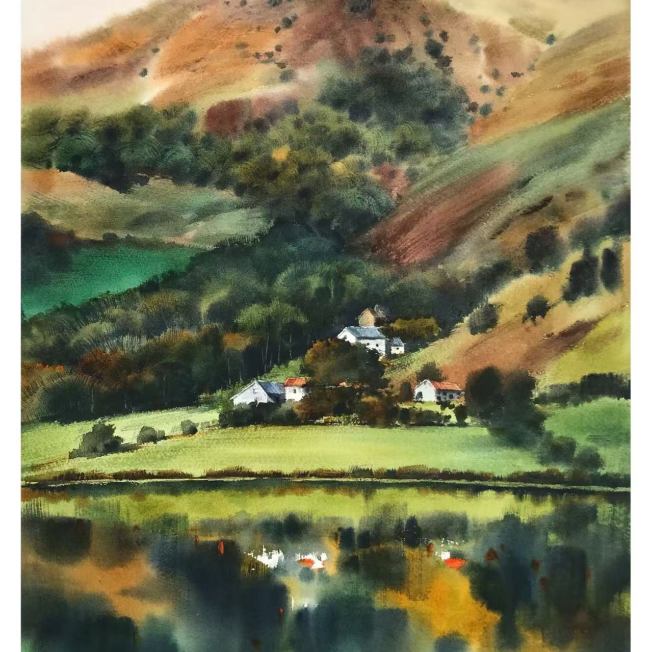 创意手绘水彩现代装饰性画作潘建中春风又绿江南岸57X38cm