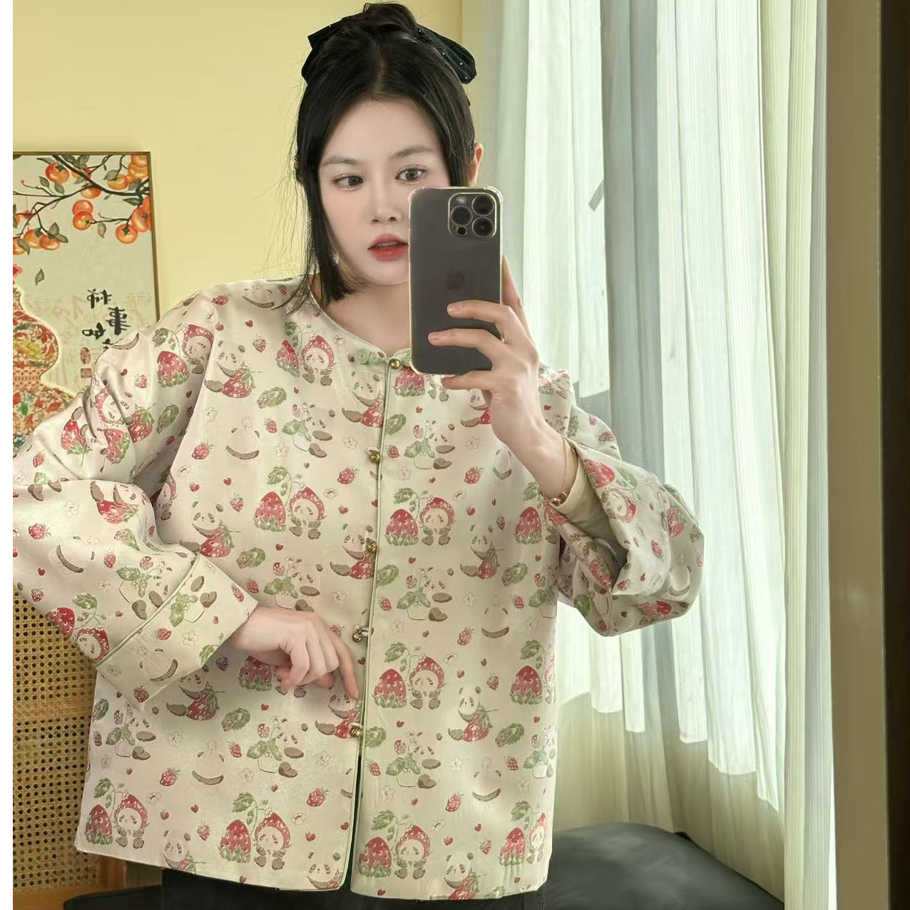 熊猫兔桑蚕丝宋锦春款国风减龄新中式外套新中式罗鈿工艺
