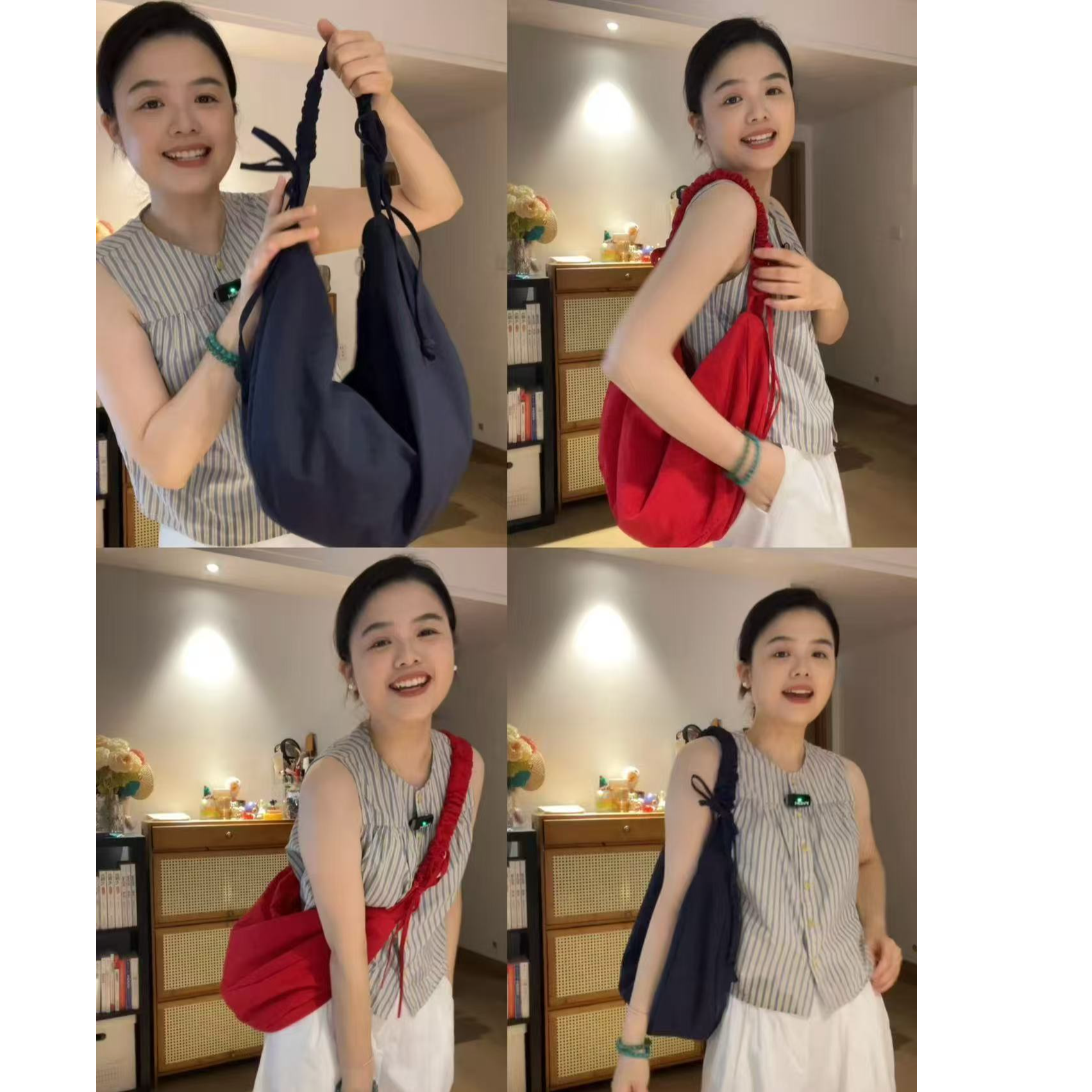 韩系牛角包 褶皱抽绳斜挎牛角包女ins百搭健身包大容量尼龙通勤包